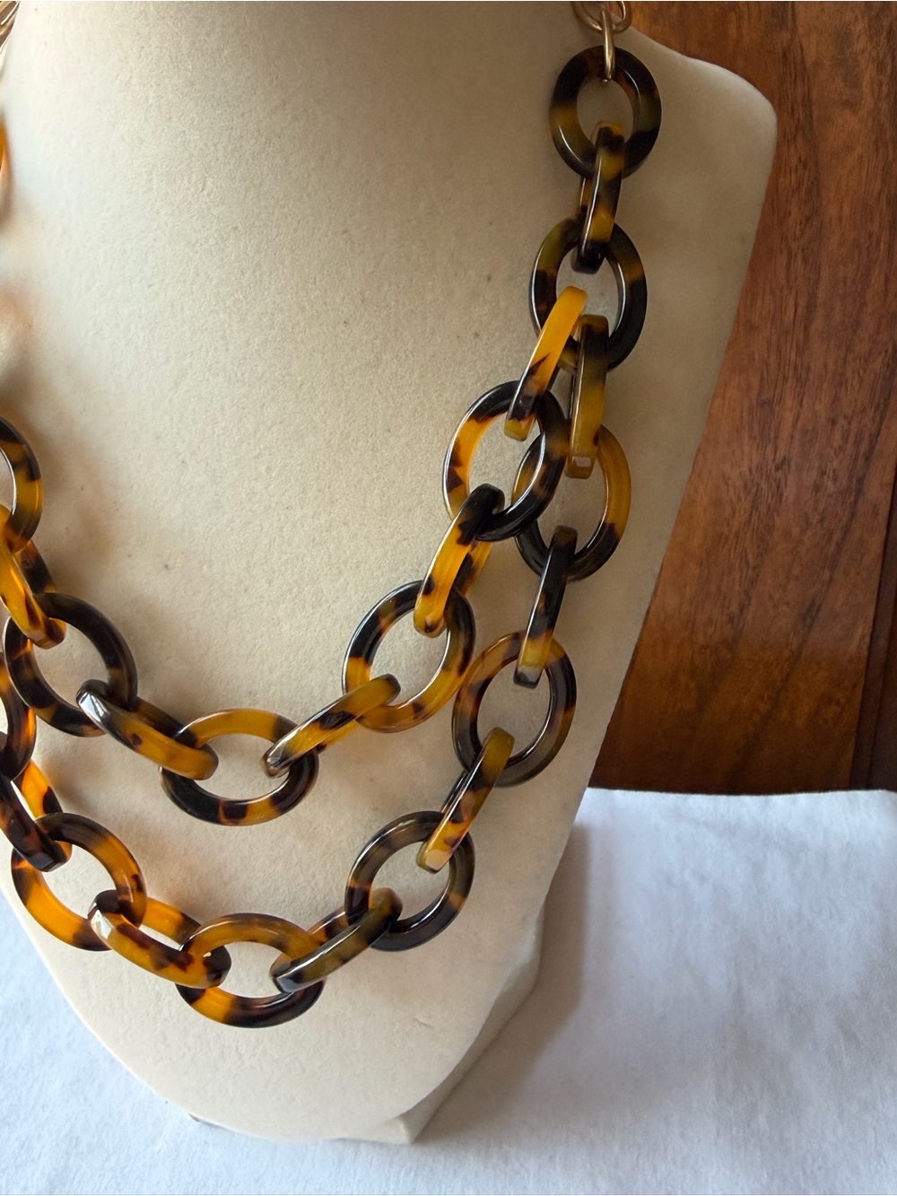J.Crew Tortoise Shell Link Statement Necklace Double Strand Black Brown - Picture 3 of 11